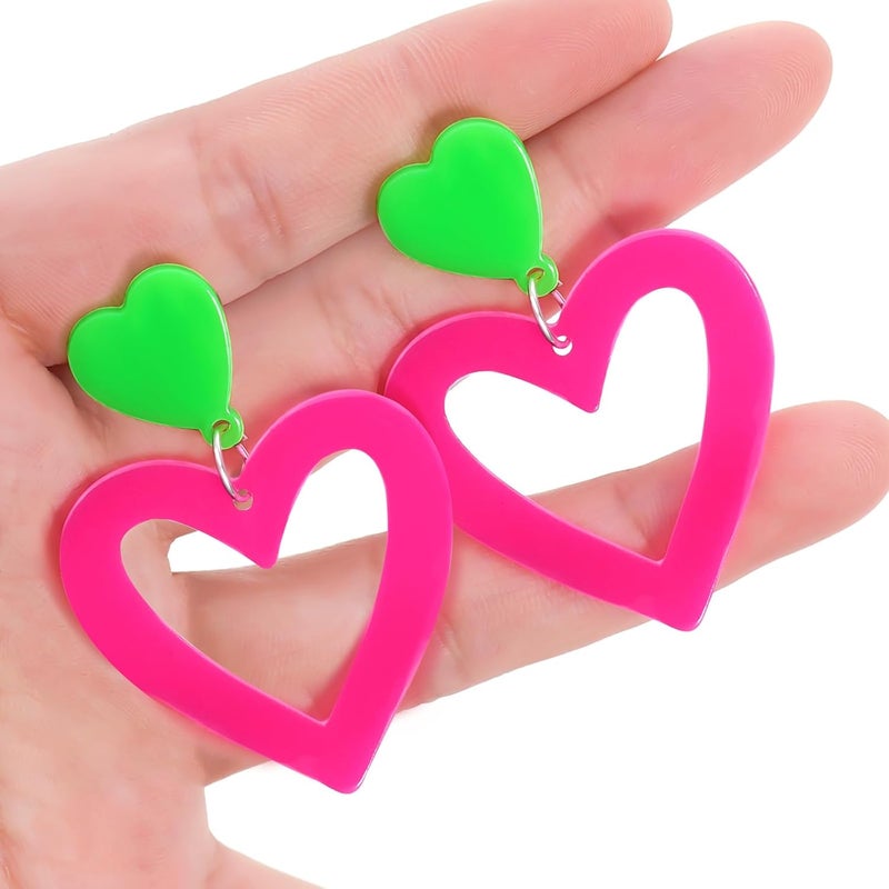 HOLYRY Neon Heart Earrings for Women Acrylic Neon Earrings 80s 90s Outfit for Women Glow Party Accessories Gifts Hot Pink Orange Green Yellow - Image 5